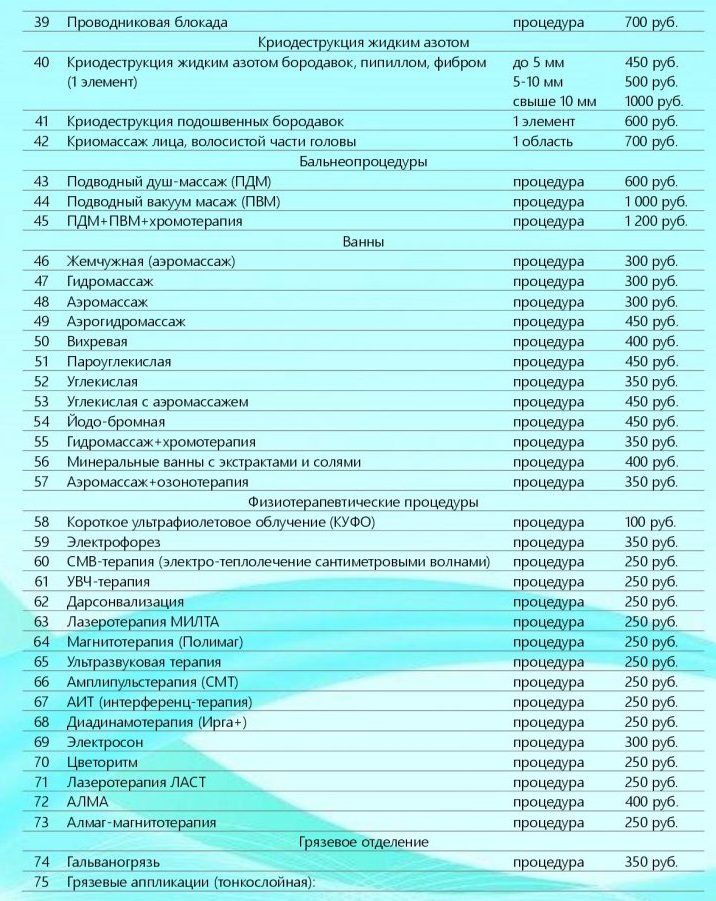 Прайс на процедуры в санатории